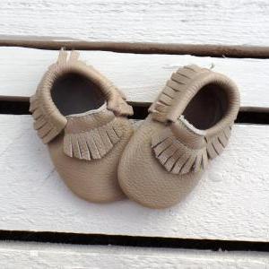 Genuine Leather Baby Moccasins Beige 0 To 6 Month