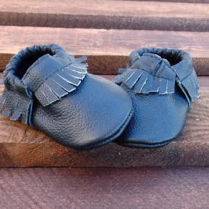 Genuine Leather Baby Moccasins Black 6 To 12 Month