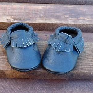 Genuine Leather Baby Moccasins Black 0 To 6 Month