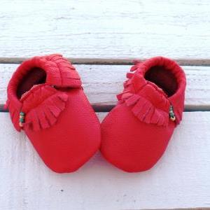 Genuine Leather Baby Moccasins Red 6 To 12 Month
