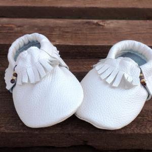 Genuine Leather Baby Moccasins White 0 To 6 Month
