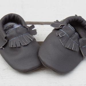 Genuine Leather Baby Moccasins Slate Grey 0 To 6..