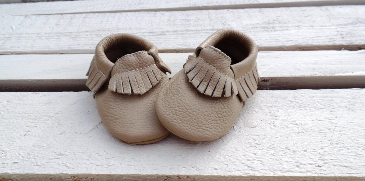 Genuine Leather Baby Moccasins Beige 0 To 6 Month