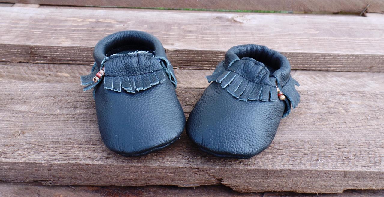 Genuine Leather Baby Moccasins Black 6 To 12 Month